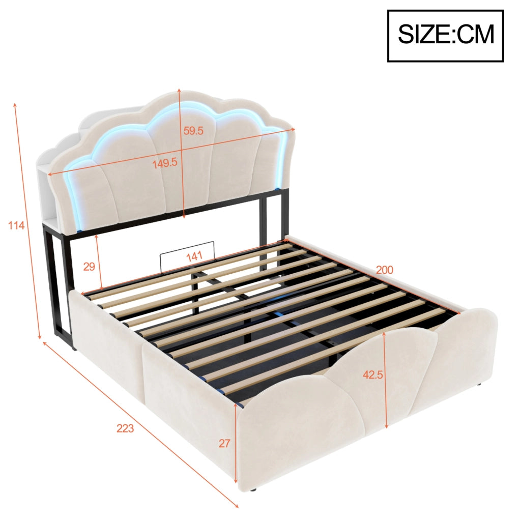Letto imbottito 140x200 cm in velluto beige con contenitore idraulico; LED e prese integrate