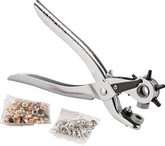 Tang per materiali multifunzionale con gusci di regolazione, occhielli e pulsanti - Incluso 100 occhielli e 48 pulsanti - Adatto per materiali di apprendimento, tessuti e materiali in plastica