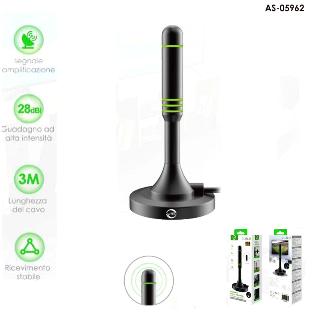 ANTENNA DIGITALE TERRESTRE PORTATILE BASE MAGNETICA DVB-T 28DB AUTO CAMPER CASA TV TELEVISIONE