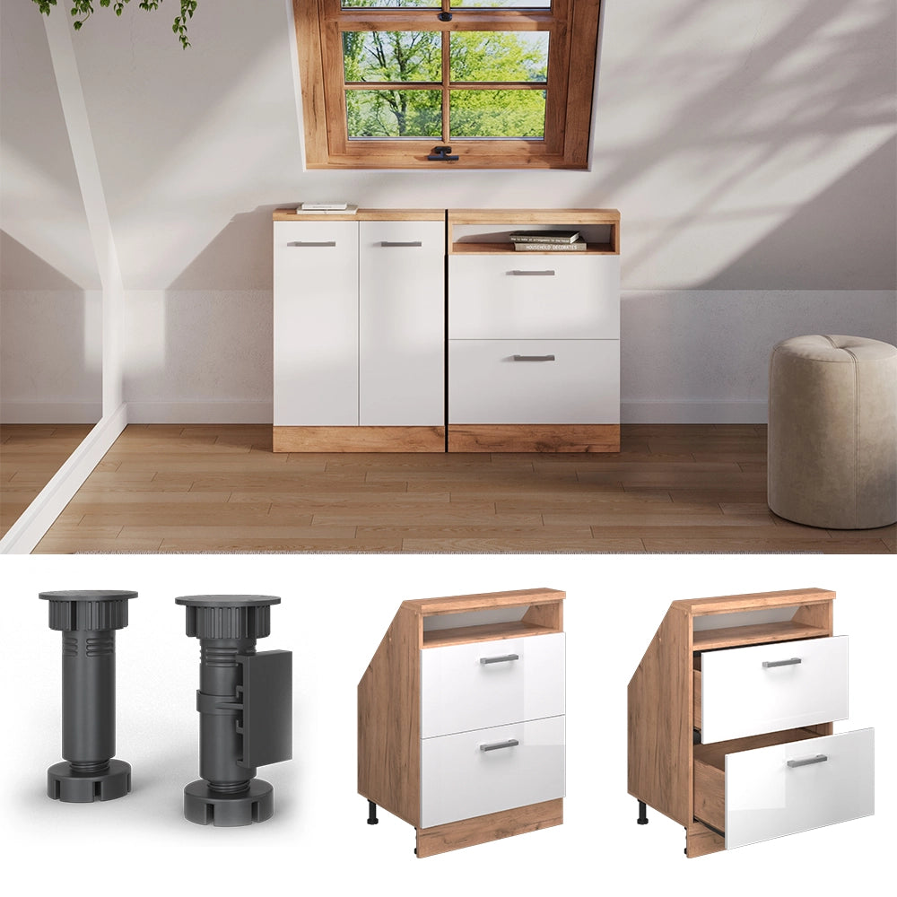 Mobile sottotetto Rion Bianco lucido/Rovere dorato con 2 cassetti Vicco