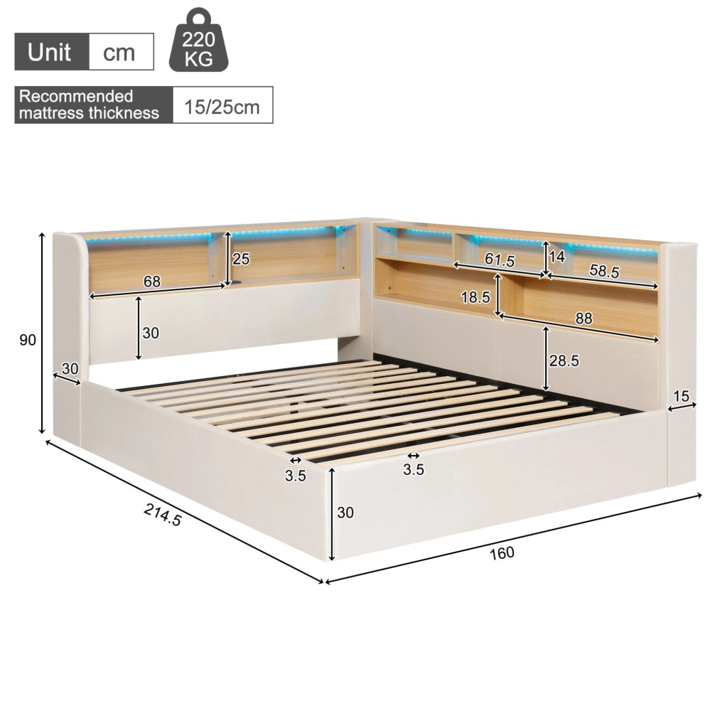 Letto daybed imbottito con contenitore idraulico; LED; USB e Type-C; velluto beige; 214;5x160x90 cm