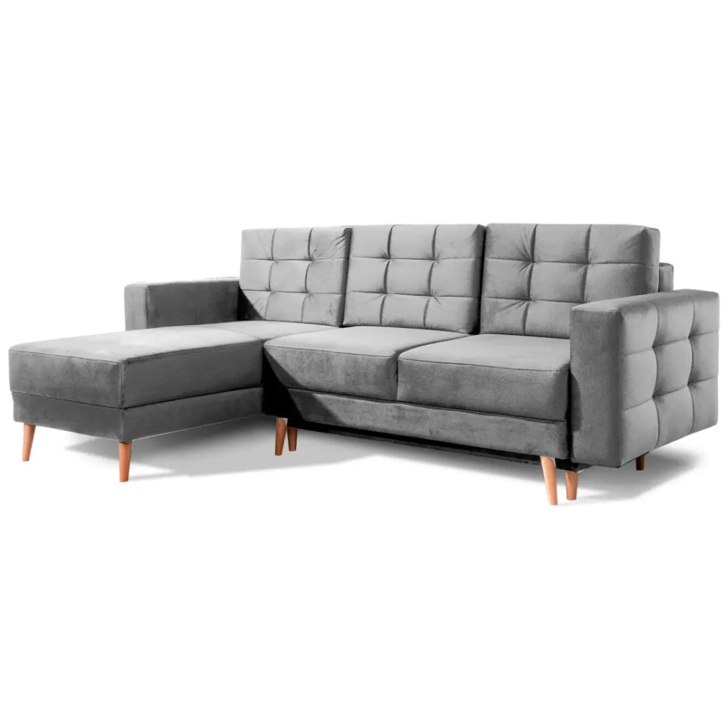 Divano ad angolo convertibile HASGARD 3 posti grigio 248x162 cm - con vano contenitore e piedi in legno