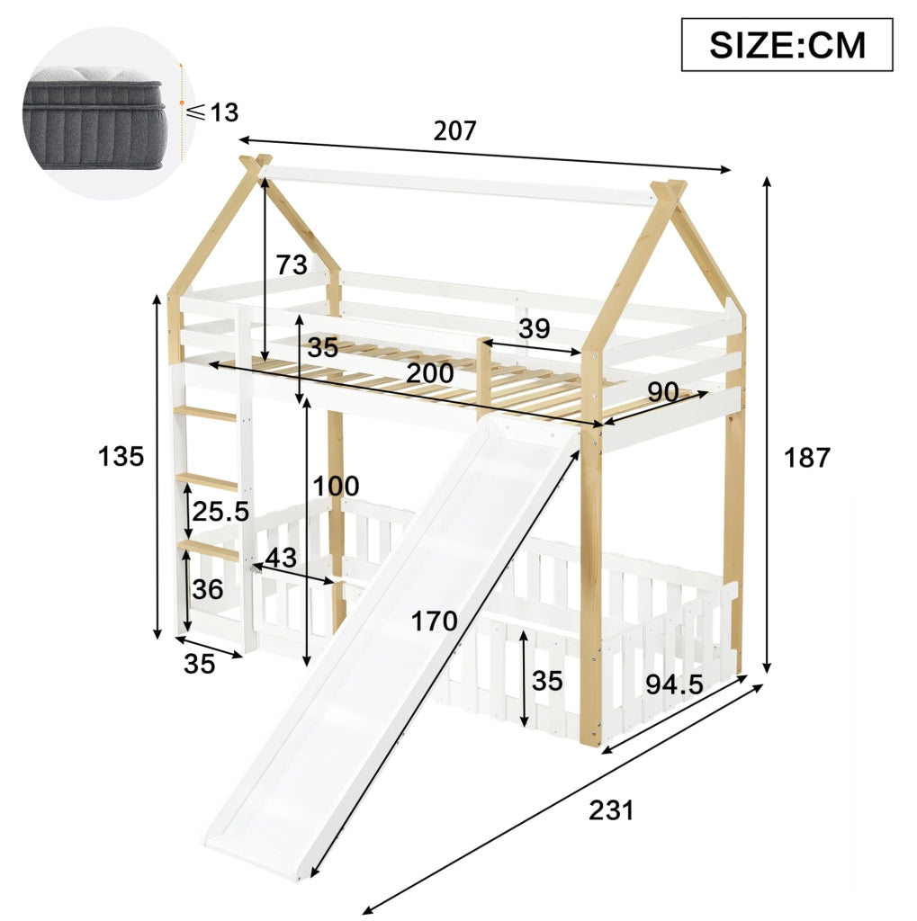 Letto a castello 90x200 cm con scivolo e tetto in legno; MDF e compensato bianco e naturale