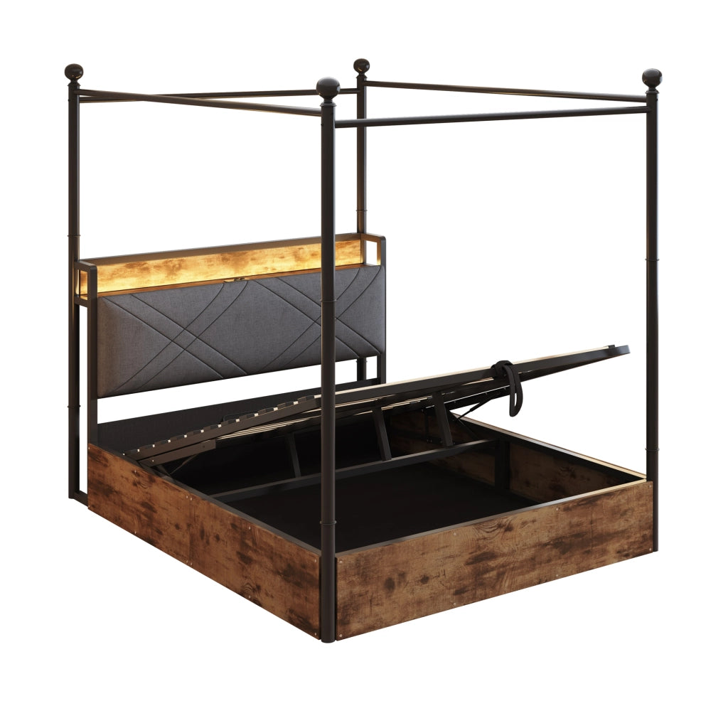 Letto matrimoniale multifunzionale 140x190 cm in metallo nero con baldacchino rimovibile, LED smart, USB/Type-C e contenitore idraulico