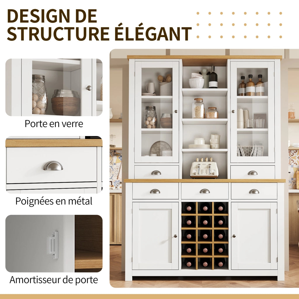 Credenza alta con anta in vetro, 5 cassetti e ripiano regolabile, per cucina e soggiorno, in MDF e vetro, bianco
