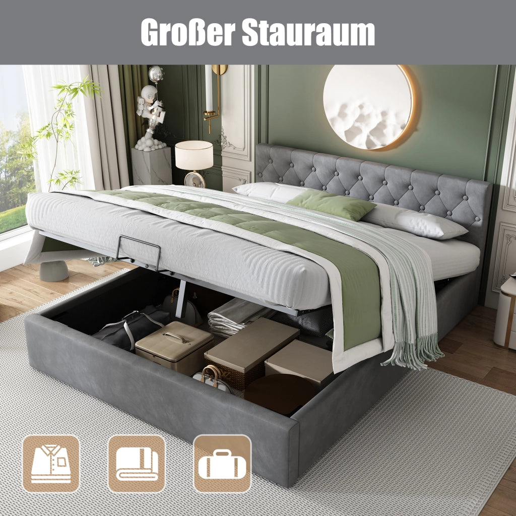 LETTO contenitore 140x200 cm in velluto grigio con testiera capitonné e rete a doghe