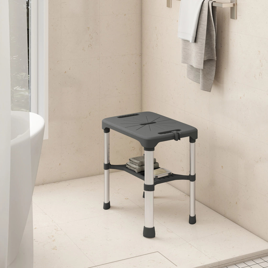 Sgabello per Doccia 46x33x39-49 cm con Mensola Integrata Altezza Regolabile 5 Livelli Portata 150kg in Alluminio Grigio