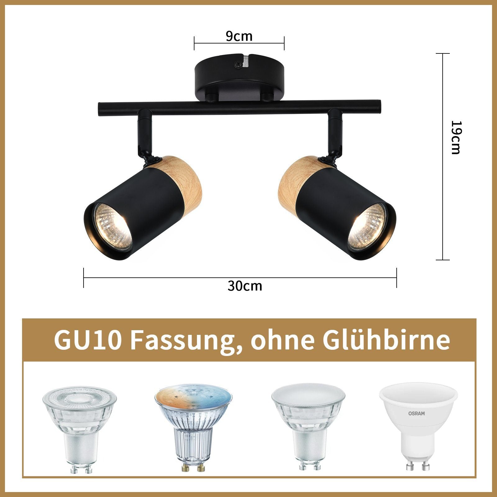 ZMH Faretto da soffitto legno 2 luci GU10 orientabili 330° per camera letto
