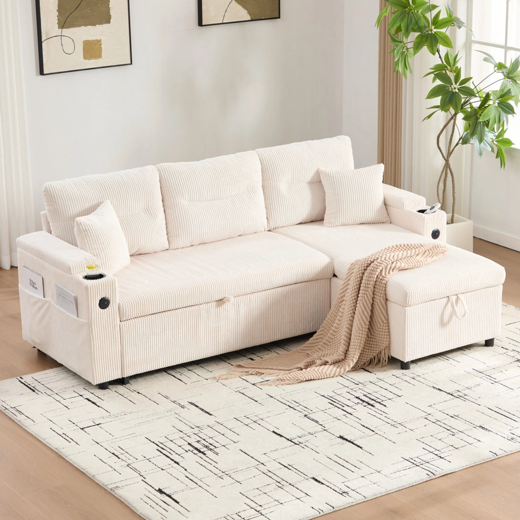 Divano 3 posti in velluto con chaise longue idraulica, contenitore, portabicchieri e USB-C, letto estraibile a cassetto 212,5x136x86 cm
