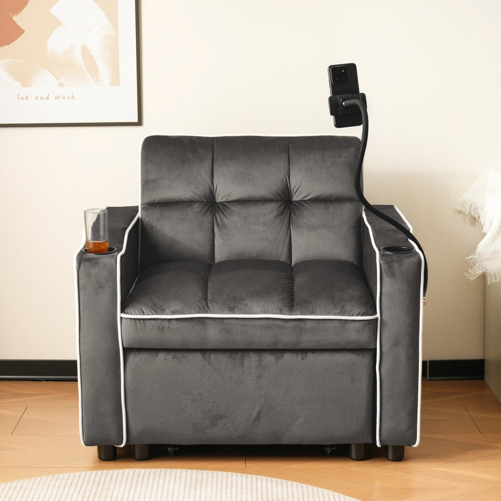 Poltrona Letto 3 in 1 con Schienale Regolabile; 2 Portabicchieri e Supporto per Telefono; Velluto Grigio Scuro 83 × 167 × 76 cm