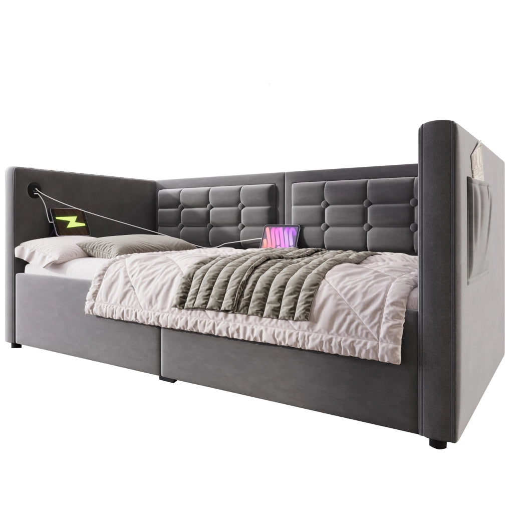 Sofabett con funzione letto in velluto grigio 90x200 cm