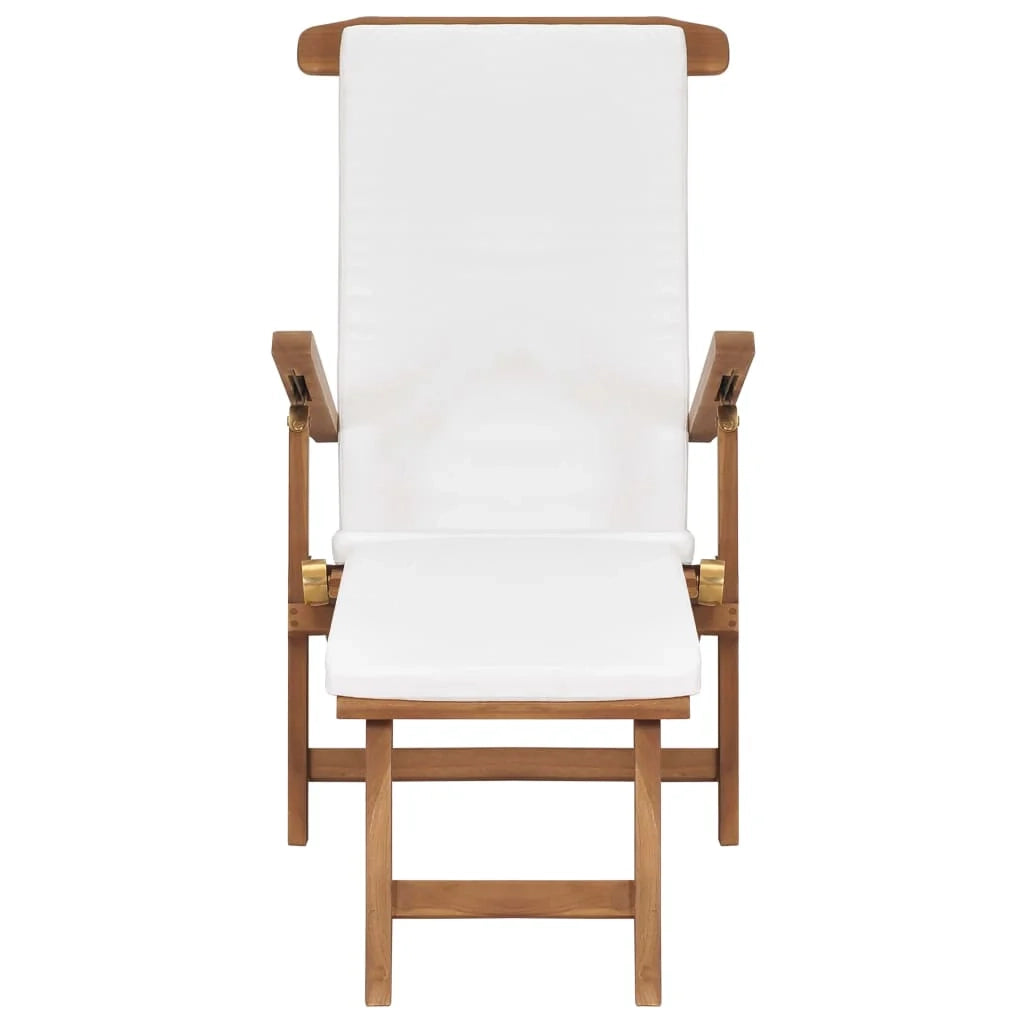 Lettino prendisole sedia a sdraio lettino prendisole letto da giardino mobili da esterno per patio con cuscino bianco crema legno massello di teak 02_0012304
