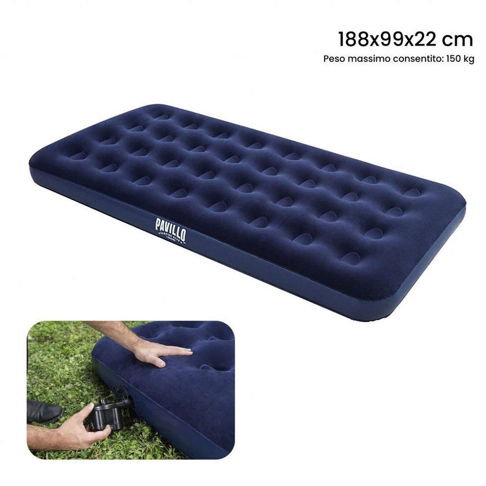 Trade Shop - Materasso Gonfiabile Singolo Airbed Blu Floccato Plus 188x99x22cm Campeggi 67001 -