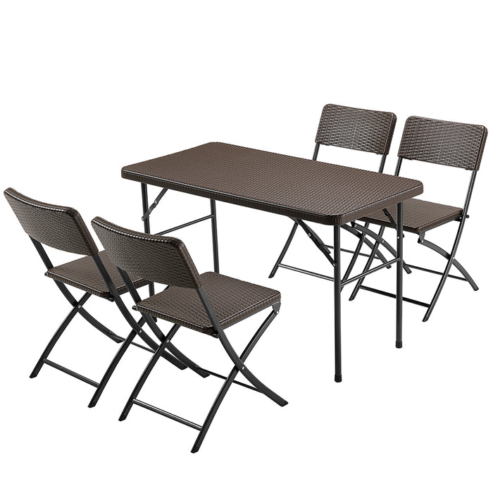 Set Tavolo Pieghevole 122x60x74 cm con 4 Sedie da Giardino in Polyrattan e Acciaio Inox Marrone