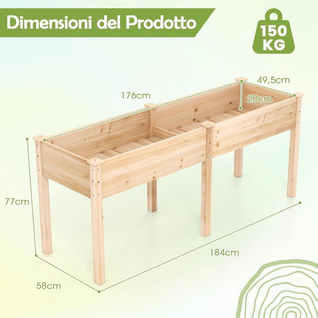 Fioriera da Giardino Rialzata, Letto da Giardino Elevato in Legno con Pannello Divisore, Fori di Drenaggio, Aiuola Rialzata per Piante, Fiori, Erbe e Verdure (Naturale)