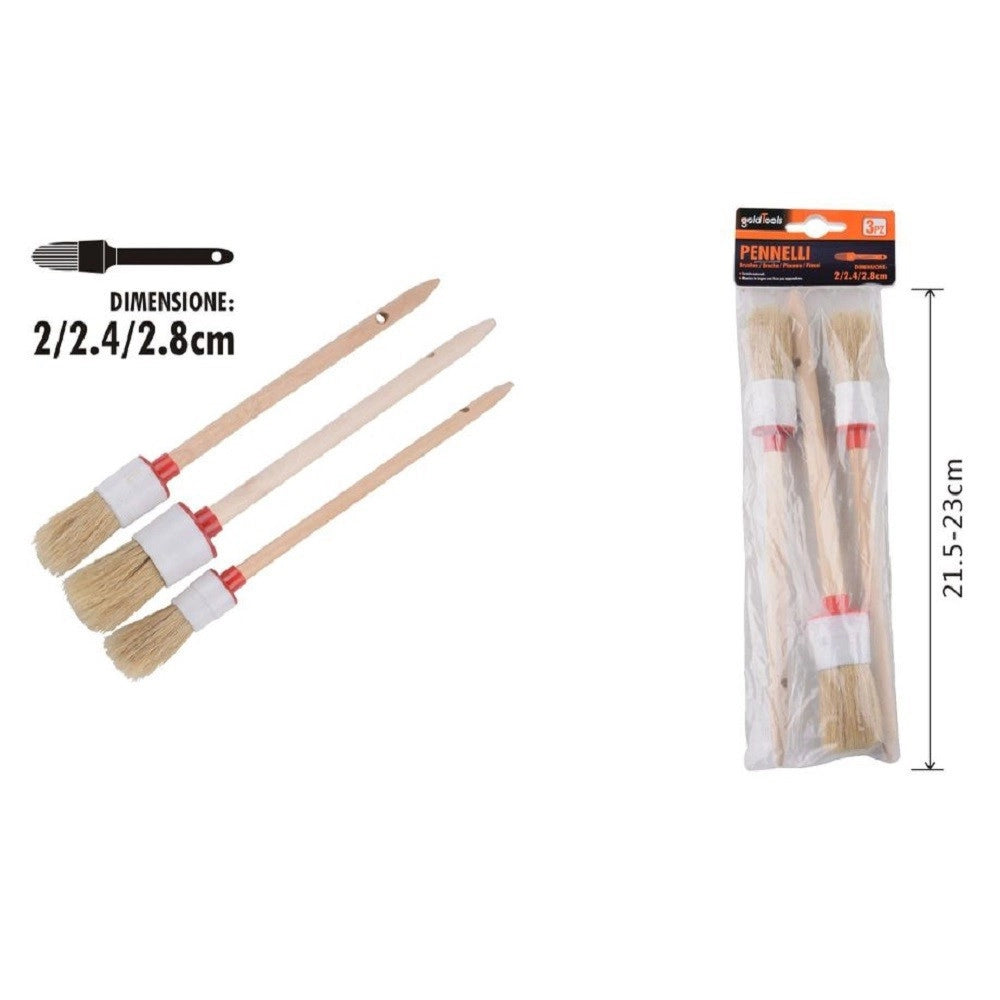 Trade Shop - Set 3 Pennelli A Testa Tonda Setole Naturali Per Pittura Varie Dimensioni 90299 -