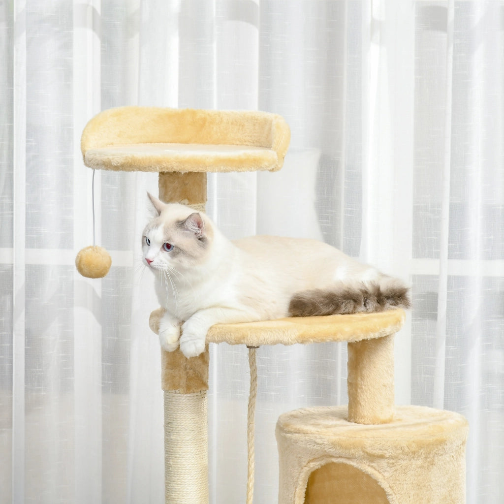 EasyComfort Albero Tiragraffi per Gatti in Legno a 4 Livelli con Cuccia, Giocattoli, Pallina e Corda, Altezza 114 cm