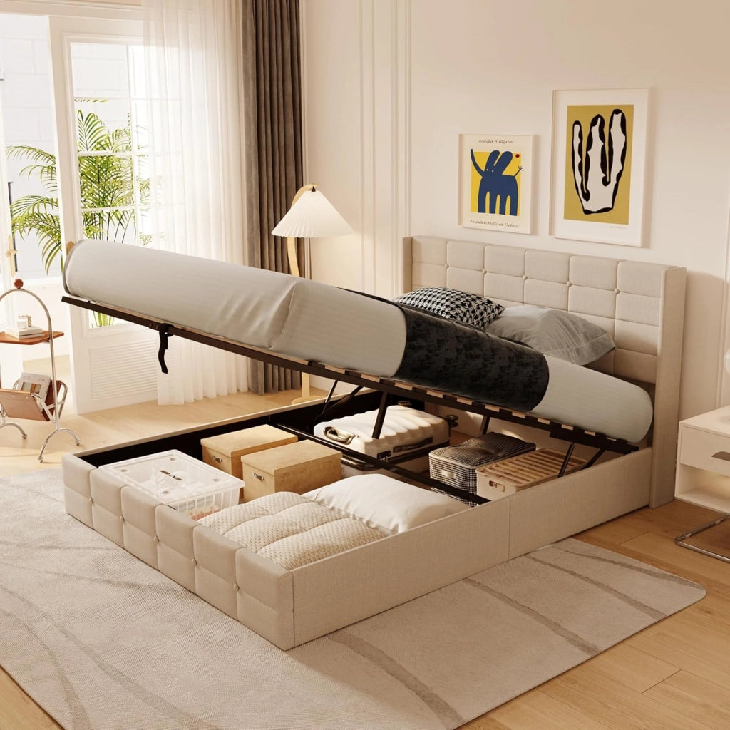 Letto contenitore idraulico 140 x 200CM, letto matrimoniale imbottito con testiera e contenitore, giroletto con rete a doghe, letto per ragazzi, senza materasso (Beige, 120X200)