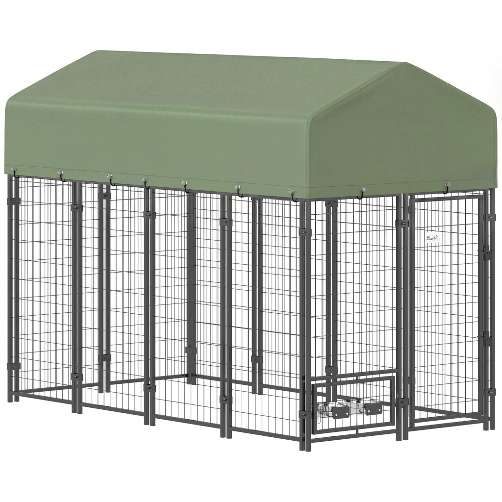 Recinto per Cani da Esterno 244x122x183 cm con Tetto in Tessuto Oxford Anti-UV Impermeabile 2 Ciotole in Acciaio Verde