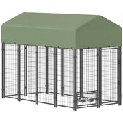 Recinto per Cani da Esterno 244x122x183 cm con Tetto in Tessuto Oxford Anti-UV Impermeabile 2 Ciotole in Acciaio Verde
