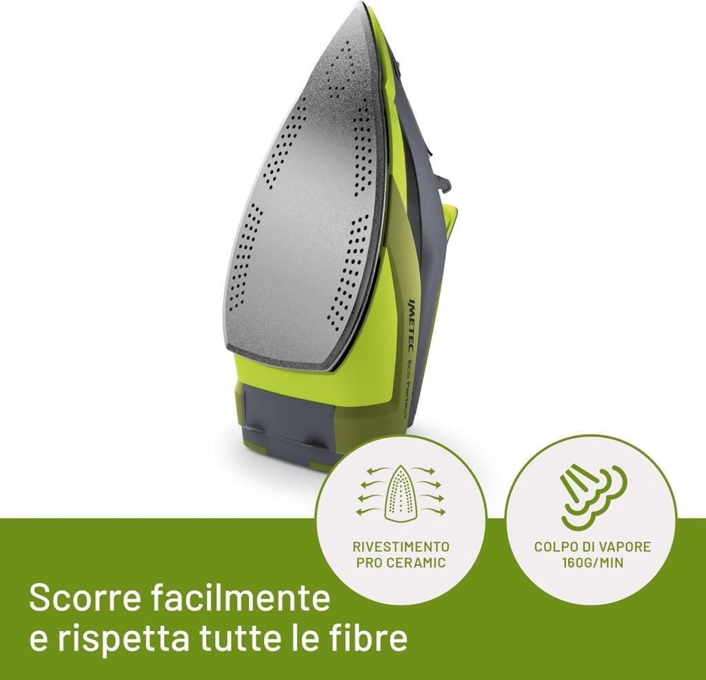 Imetec 9017 Eco Perfect Ferro da Stiro a Vapore 2400W Piastra Pro Ceramic Colpo Vapore 160g Serbatoio 300ml Tripla Protezione Anticalcare colore Verde Grigio