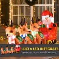Babbo Natale Gonfiabile 132cm con Slitta e 3 Renne, Luci LED Integrate, Decorazione Natalizia da Esterno