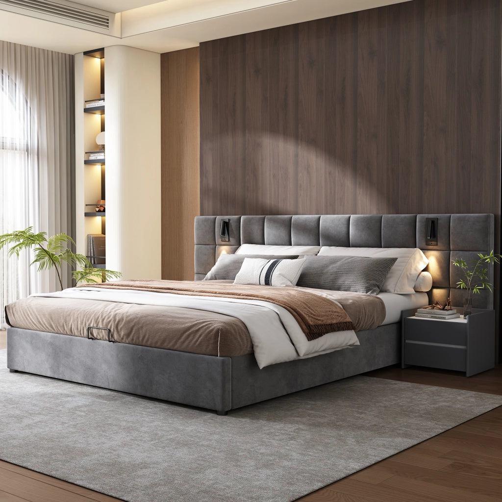 OKWISH Letto Contenitore 180×200 cm, Letto Matrimoniale con Contenitore, Lampada da Lettura Regolabile e USB, senza Materasso, Acciaio, Grigio