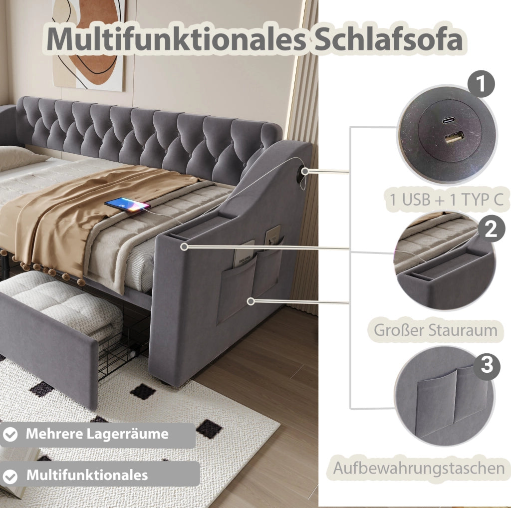 Divano letto imbottito con 2 cassetti contenitore; USB e Type-C; 90x190 cm; velluto grigio scuro