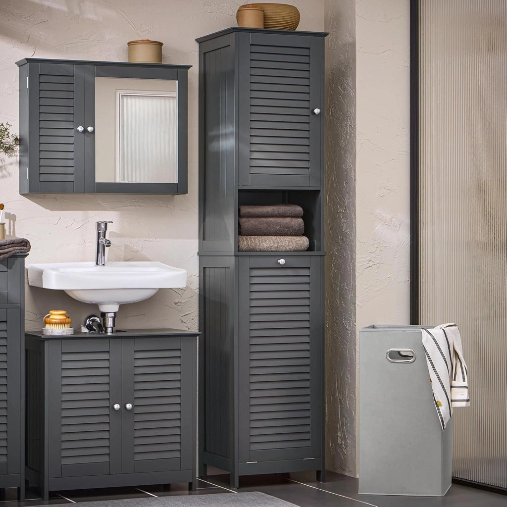 Mobile Bagno Colonna Salvaspazio con Portabiancheria Armadietto Alto e Stretto per Ambienti Compatti, Mobiletto con Ripiani, Mobile Multiuso Grigio 40x170x38 cm BZR124-DG