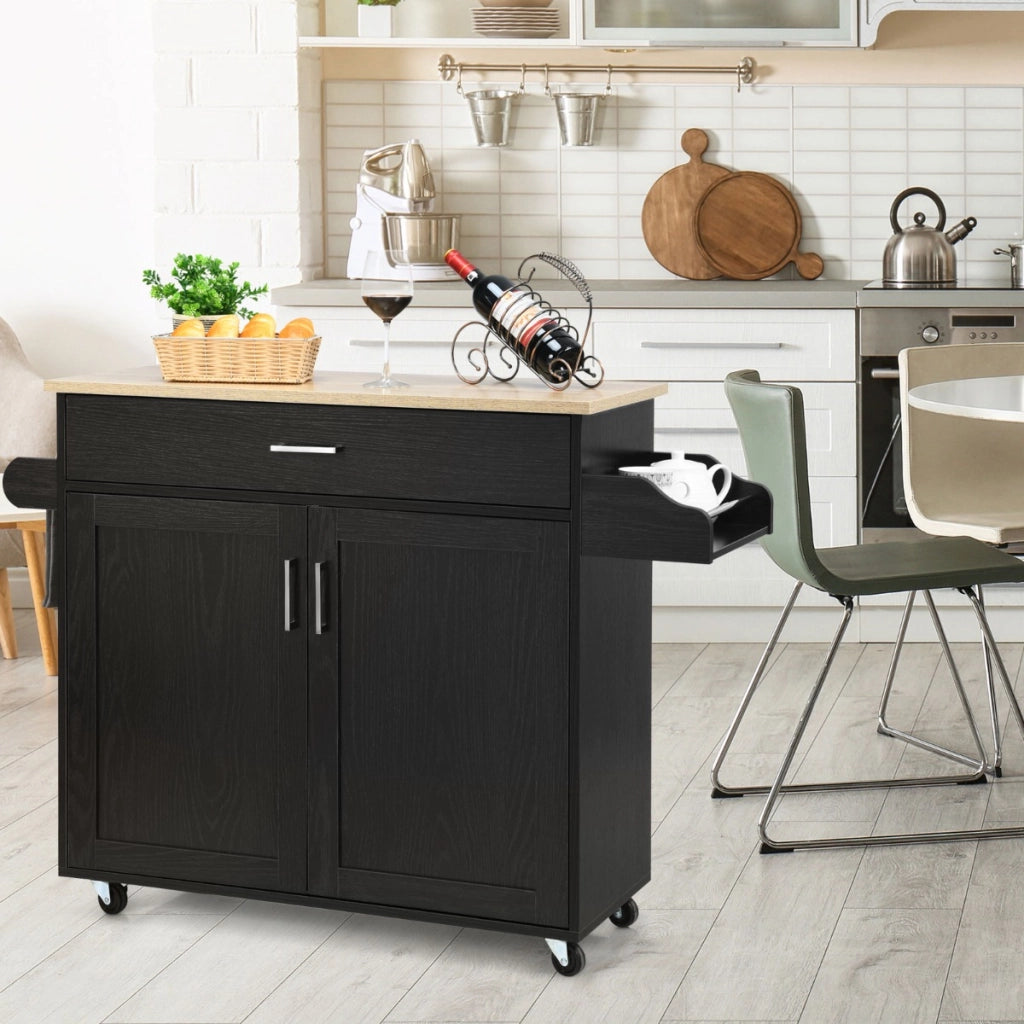 Isola da cucina con mensola regolabile in 3 posizioni, Carrello da cucina con ruote di gomma Nero-Carrelli
