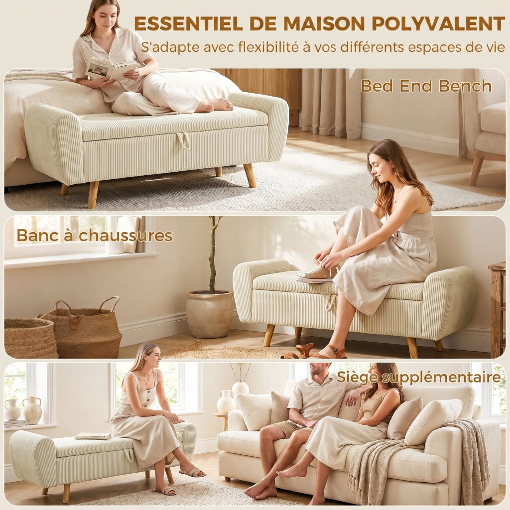 Panca contenitore imbottita 73L ¨C Xylo ¨C velluto a coste beige con braccioli legno