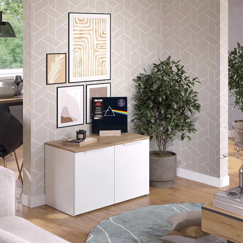 Credenza Wido, Bianco/Sonoma, 80 x 50 cm con 2 porte, adatto per riporre abiti e oggetti per la casa