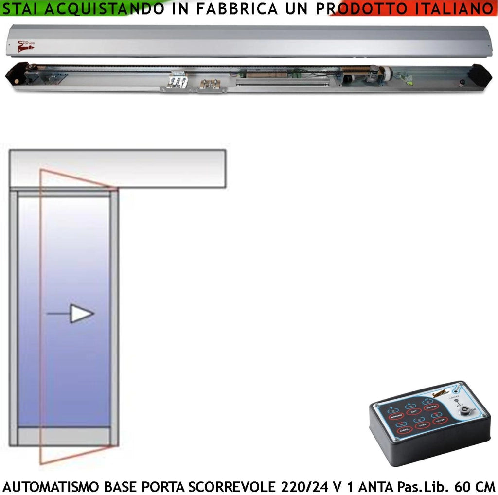 Porta Scorrevole Esistente Anta 700 mm Traversa Kit Automatismo Passaggio Libero 600 mm 230/24 V Trasmissione Tramite Cinghia Ruote Cuscinetti Autolubrificanti Elettronica Controllo Automatico Encoder
