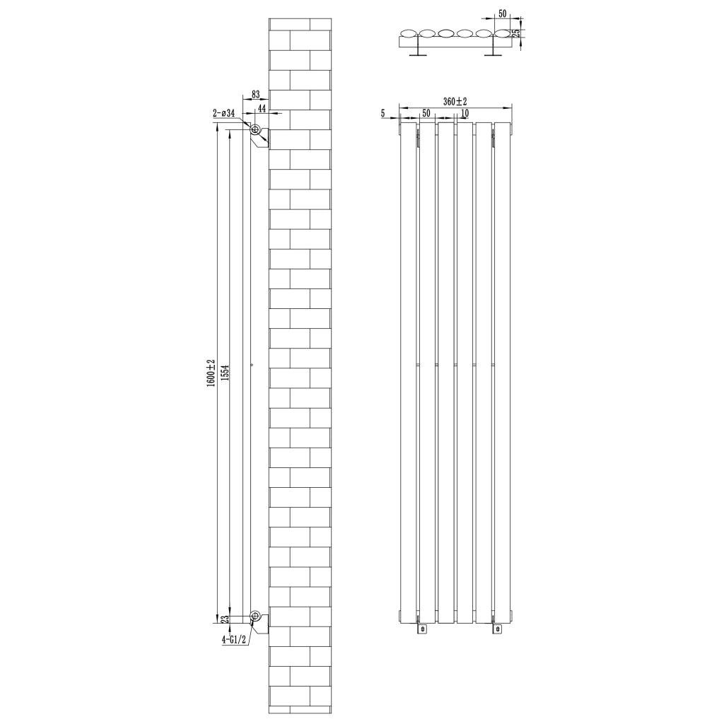 Radiatore Verticale Design Ovale Colonna Singola Antracite 1600x360 mm
