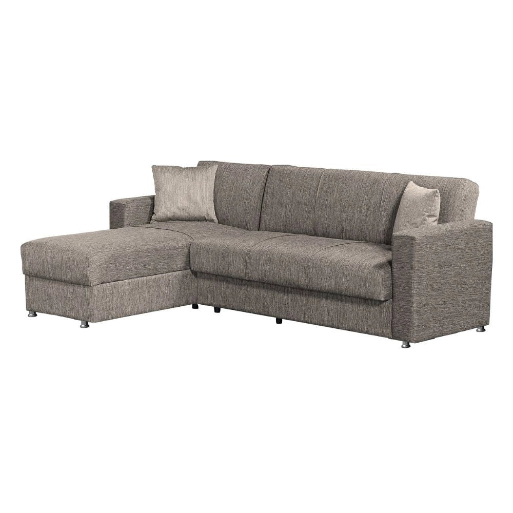 Divano letto Dugo con penisola contenitore reversibile in tessuto tortora 230x150x80H
