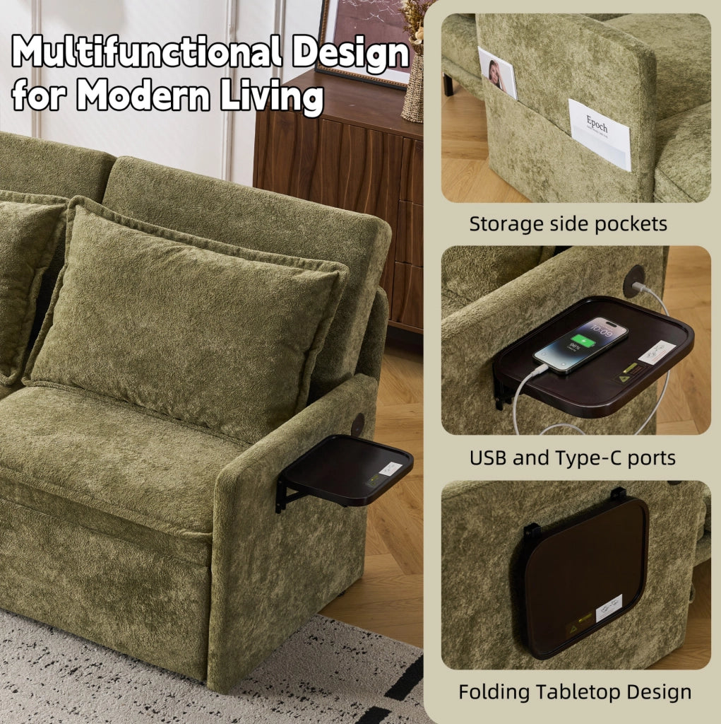 Divano letto 172,5x71x95 cm verde con USB, tasche laterali e tessuto ciniglia