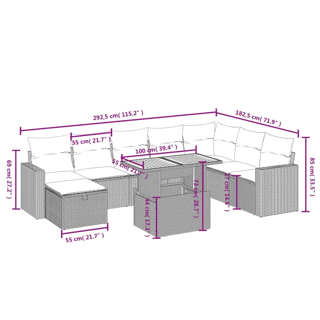 Set Divani da Giardino 9 pz con Cuscini Nero in Polyrattan 3271447