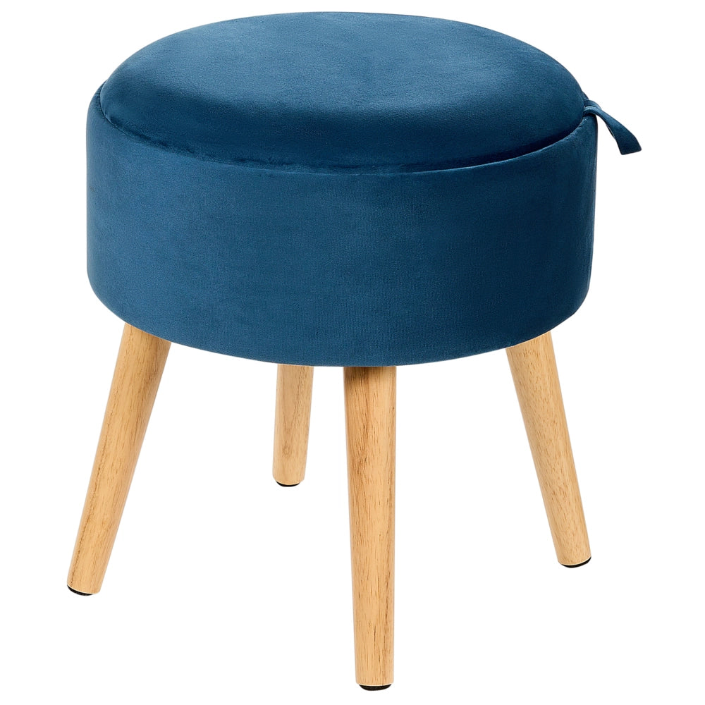 Pouf in velluto imbottito blu con vassoio contenitore stile glamour elegante soggiorno camera da letto