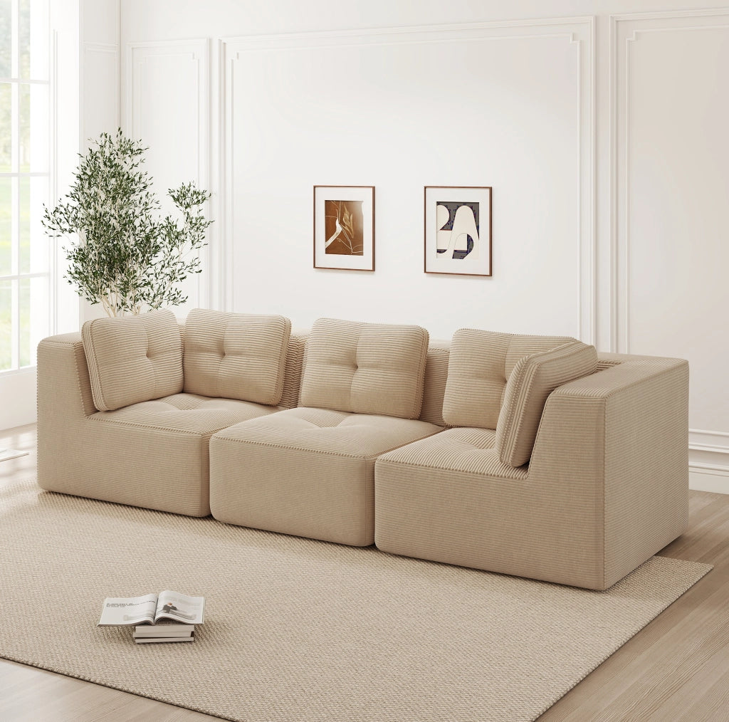 Divano angolare modulare in velluto a coste beige 297x104x69 cm con seduta profonda