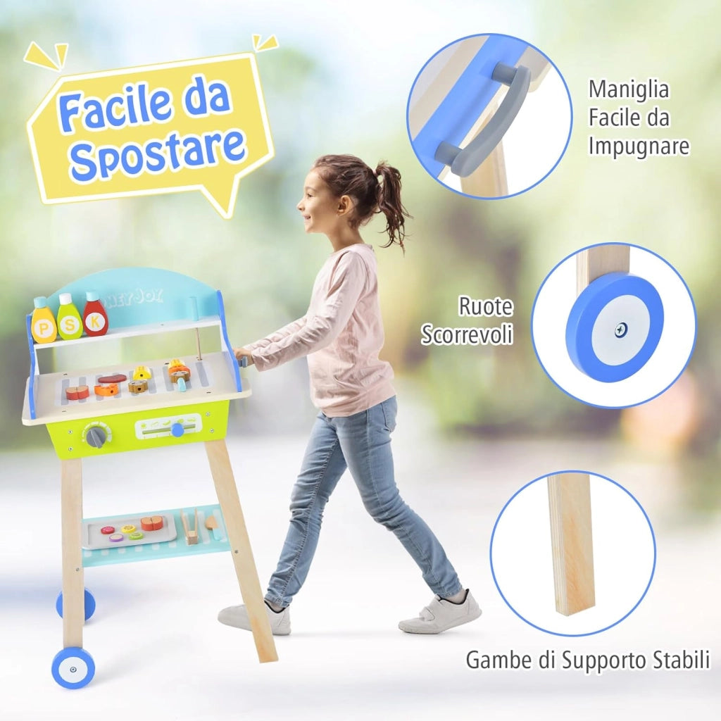 Set da Gioco Barbecue per Bambini, Set da Barbecue Giocattolo con Utensili da Grigliata in Legno e Alimenti Giocattolo, Maniglia Scorrevole e Ruote Lisce