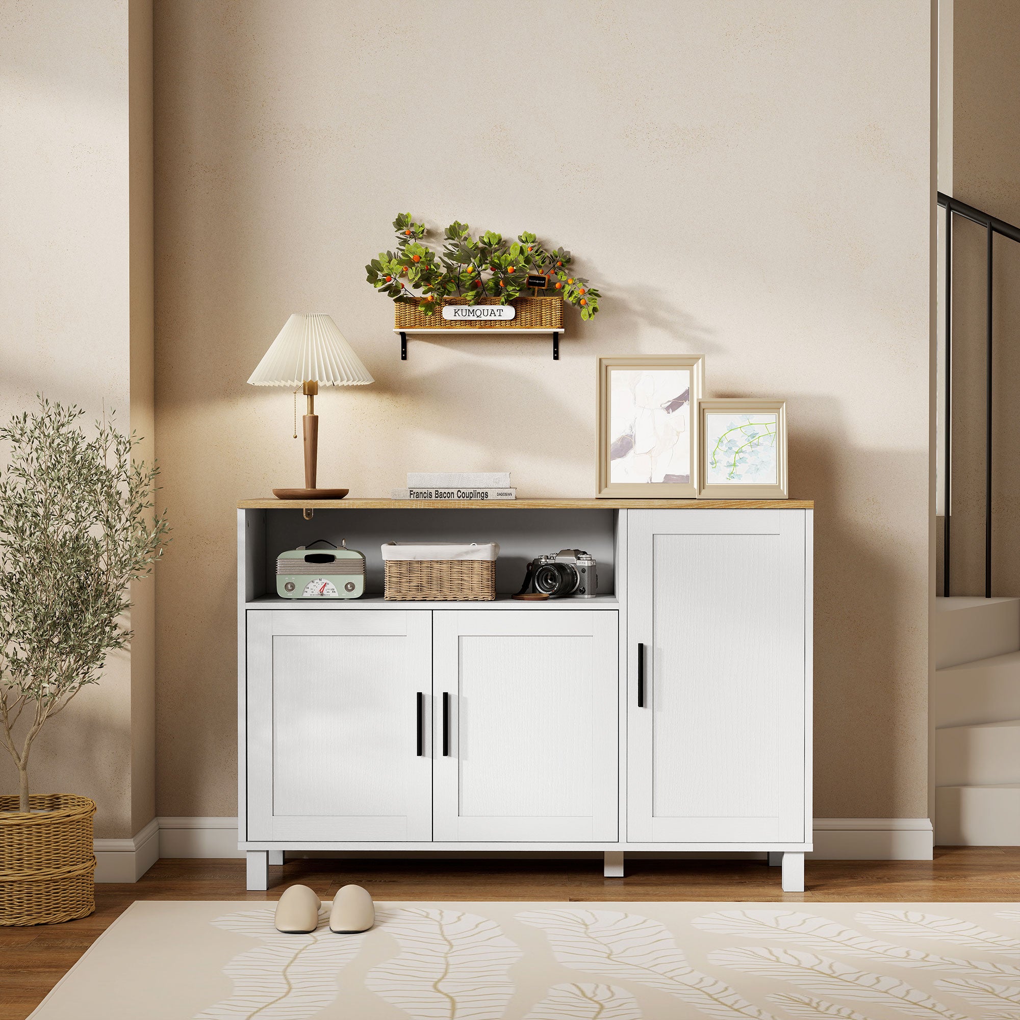 Credenza Cucina 110x33x75 cm con Ante Ammortizzate 2 Armadietti e Vano Aperto in Legno Bianco