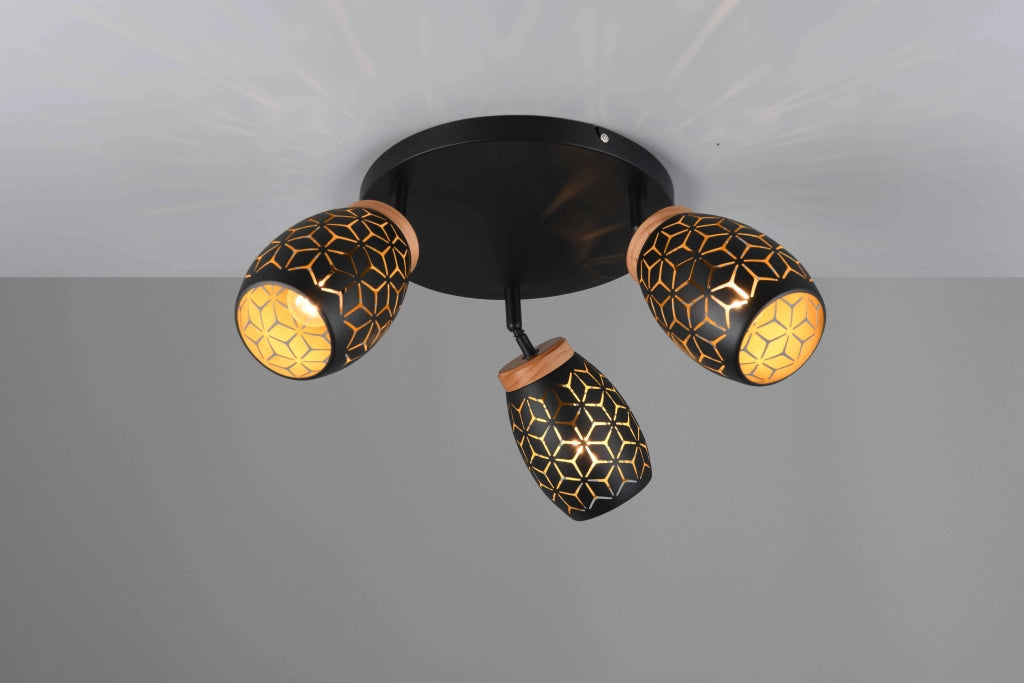 Plafoniera 3 spots, metallo, nero e legno, D 58 cm, Bidar