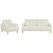 Set da salotto composto da divano a 3 posti e poltrona gambe in legno seduta spessa con rivestimento in tessuto bianco sporco soggiorno retrò classico