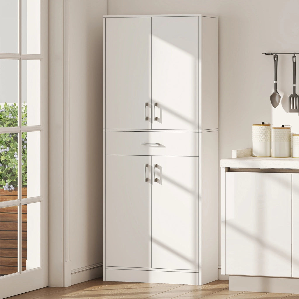 Credenza Cucina Alta con 2 Armadietti e un Cassetto Centrale. Ripiani Regolabili e 4 Ante Totali. Bianco