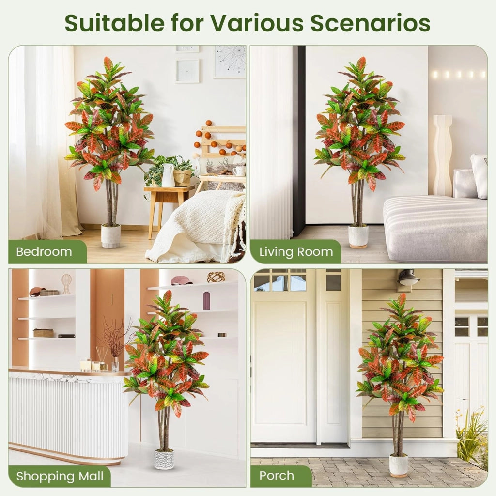 Pianta artificiale Crotone 150 cm, albero in vaso con foglie multicolori in PEVA, tronco in legno massello, muschio realistico, albero crotone finto per soggiorno, ufficio, matrimonio, festa