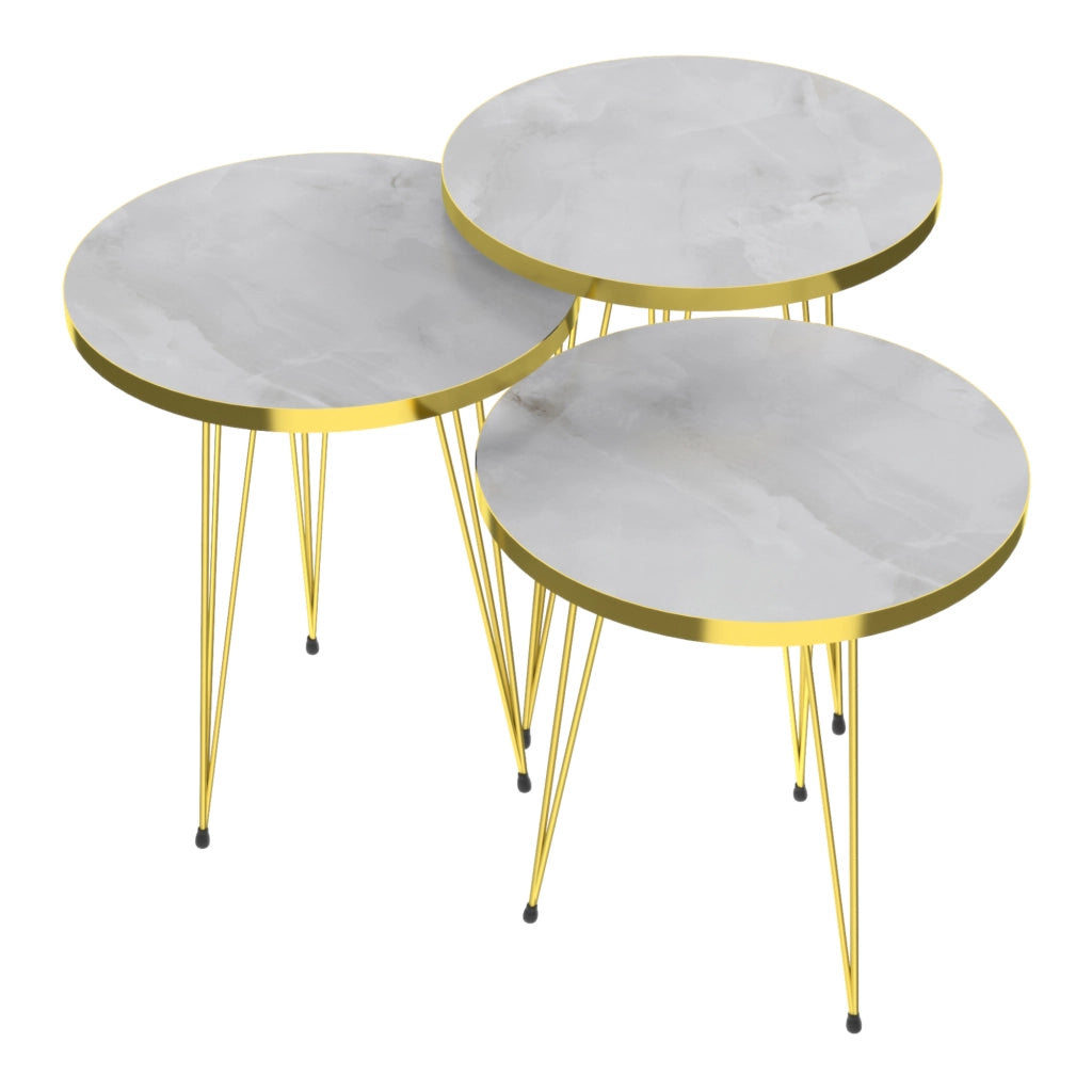 Set 'Skibby' di 3 Tavolini da Salotto Tavolini Bassi a Treppiede in Altezze Diverse Gambe a Forcina e Piani Rotondi Ø38 cm - Marmo Bianco / Oro [en.casa]