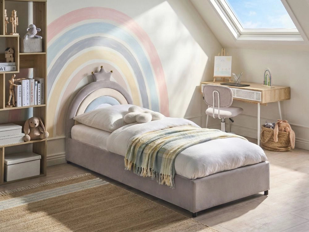 Letto singolo in velluto grigio imbottito con base a doghe e contenitore Blu 90 x 200 cm Cameretta Bambini Moderna Tradizionale