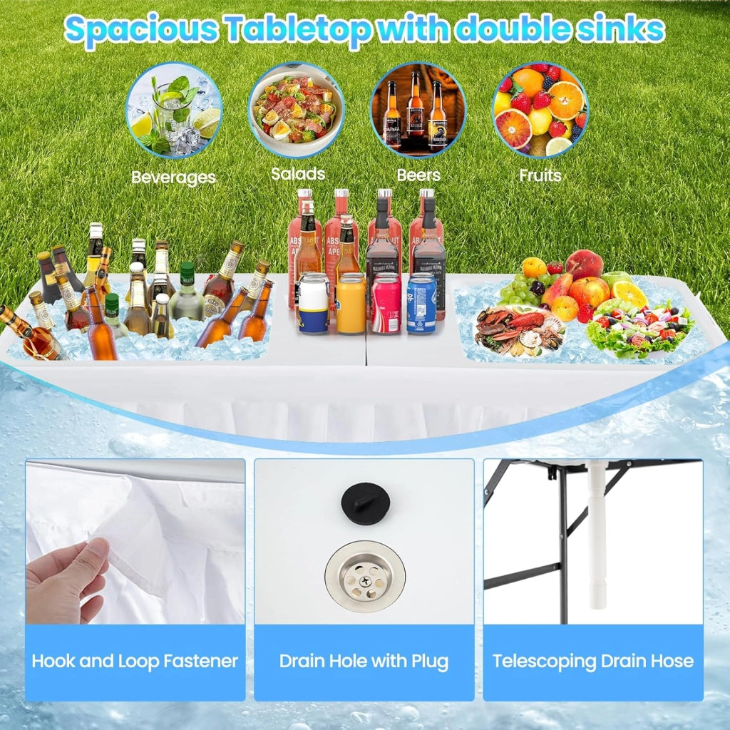 Tavolo refrigerante pieghevole per ghiaccio con doppio lavello profondo e foro di drenaggio, refrigerante per bevande con gonna da tavolo rimovibile, tavolo da giardino portatile per feste