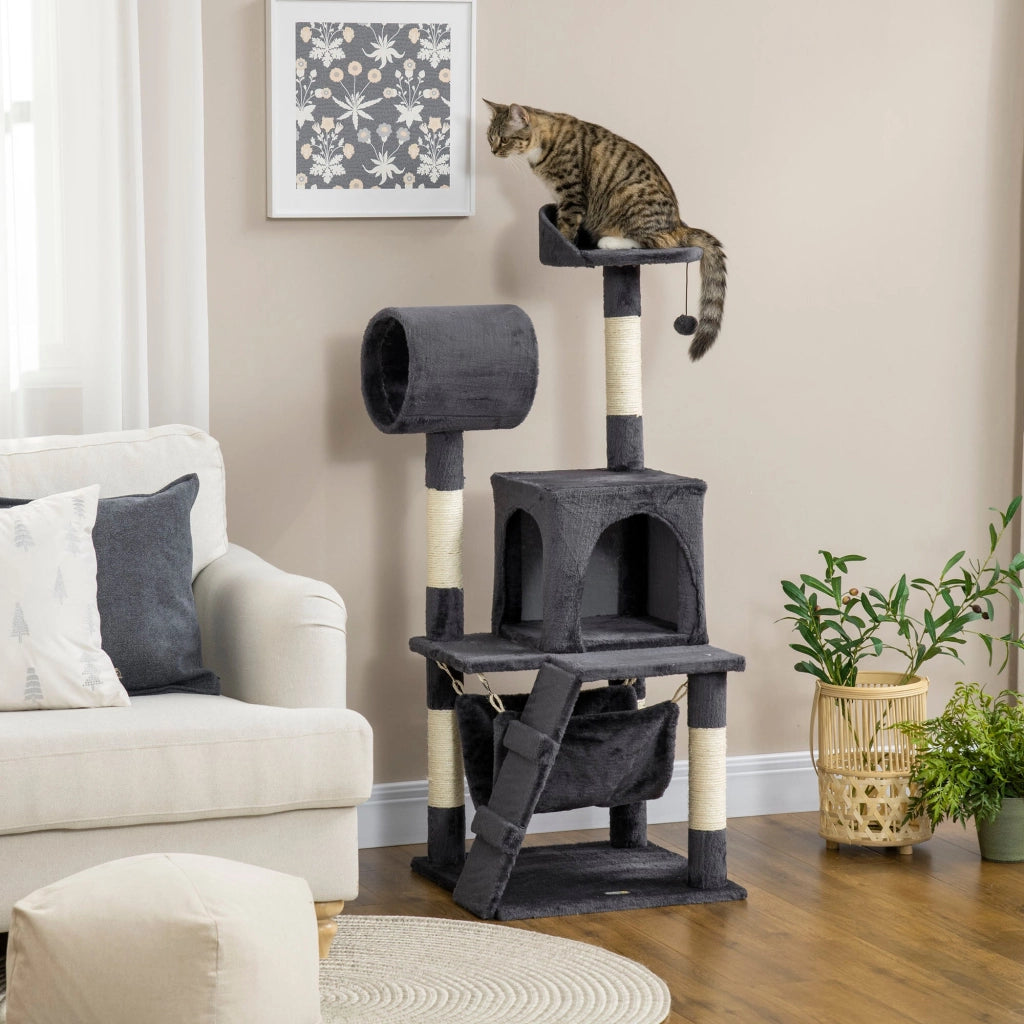 Albero per Gatti con Tiragraffi 48x48x125 cm Casetta Amaca Letto e Tunnel in Truciolato Peluche e Sisal Grigio