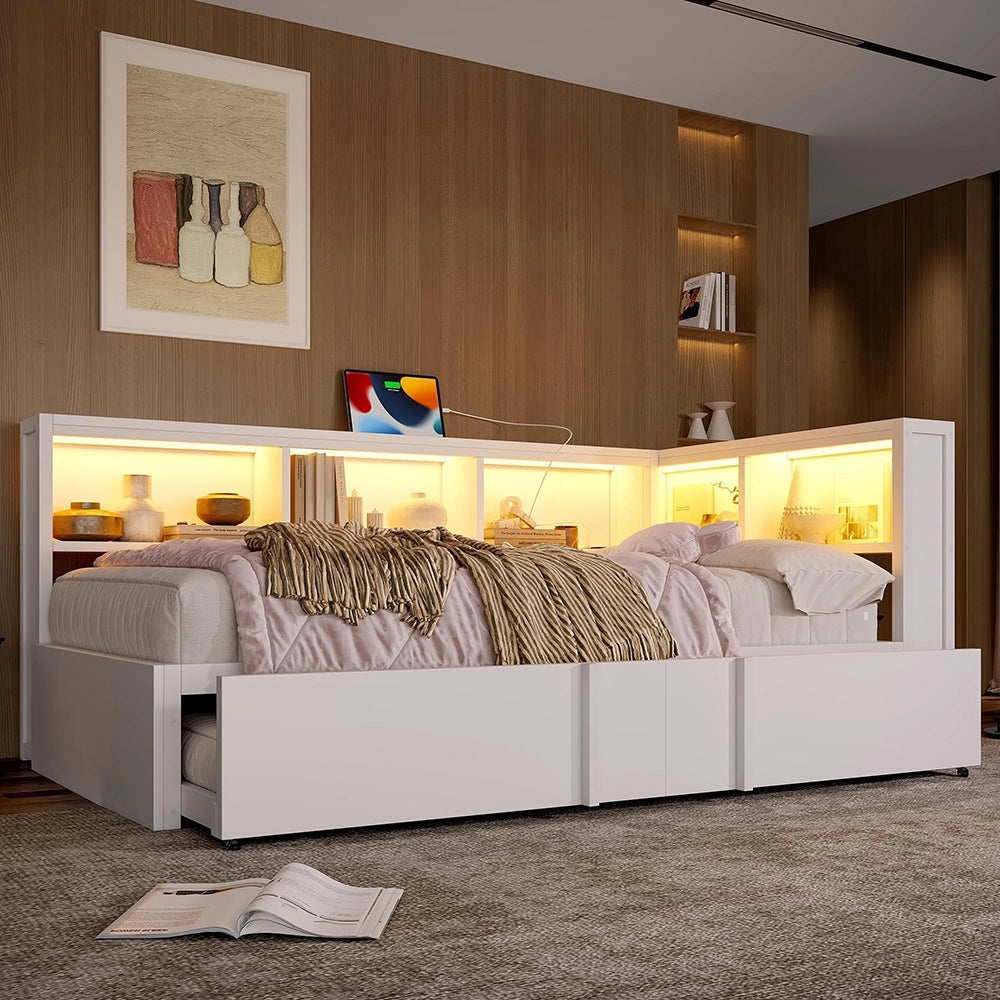 Letto giorno metallico 90x200cm?- Xylo - contenitore LED USB bianco